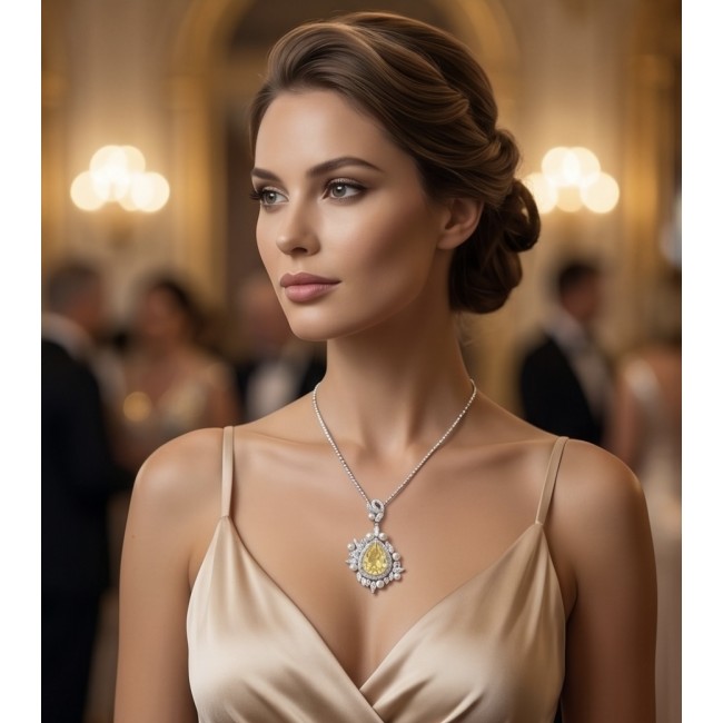 Tiffany - 7.8 carat yellow Sapphire Pearl RHODIUM over .925 Sterling Silver Handcrafted pendant - Elegant woman wearing Tiffany yellow sapphire pearl necklace in ballroom.