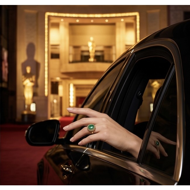 Elizabeth oval cut 14.4 carat Colombian Emerald 8.2 carat Peridot .925 Sterling Silver dipped in 22K Rose Gold handcrafted Ring size 6 3/4 - Emerald ring worn on hand in car window, red carpet background