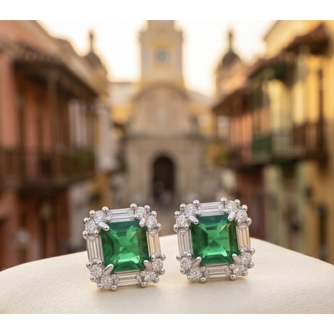 Art deco - princess cut 6.5 carat Emerald .925 Sterling Silver Handcrafted Earrings - Emerald earrings with diamond accents, front view, street backdrop