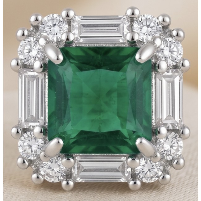 Art deco - princess cut 6.5 carat Emerald .925 Sterling Silver Handcrafted Earrings - Stone close-up of art deco emerald in .925 sterling silver setting