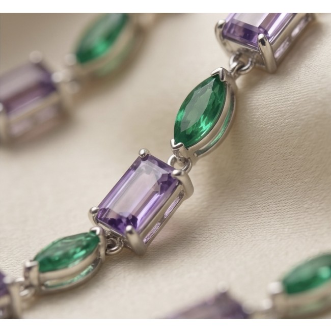 A Heritage in Bloom - Italy made 27.5 carat Amethyst Chrome Diopside .925 Sterling Silver handmade necklace - Close-up of green and purple stones in a silver setting
