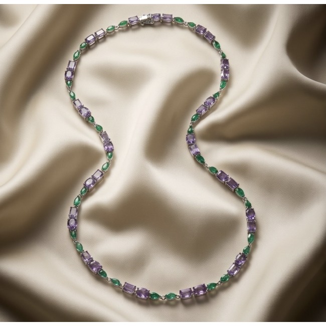 A Heritage in Bloom - Italy made 27.5 carat Amethyst Chrome Diopside .925 Sterling Silver handmade necklace - Elegant necklace displayed on silky fabric background