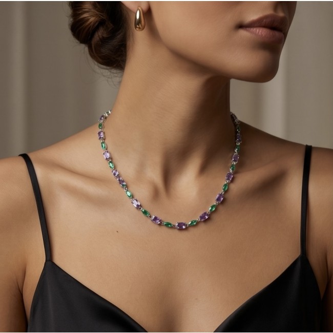 A Heritage in Bloom - Italy made 27.5 carat Amethyst Chrome Diopside .925 Sterling Silver handmade necklace - Amethyst Chrome necklace worn on model's neck, side view