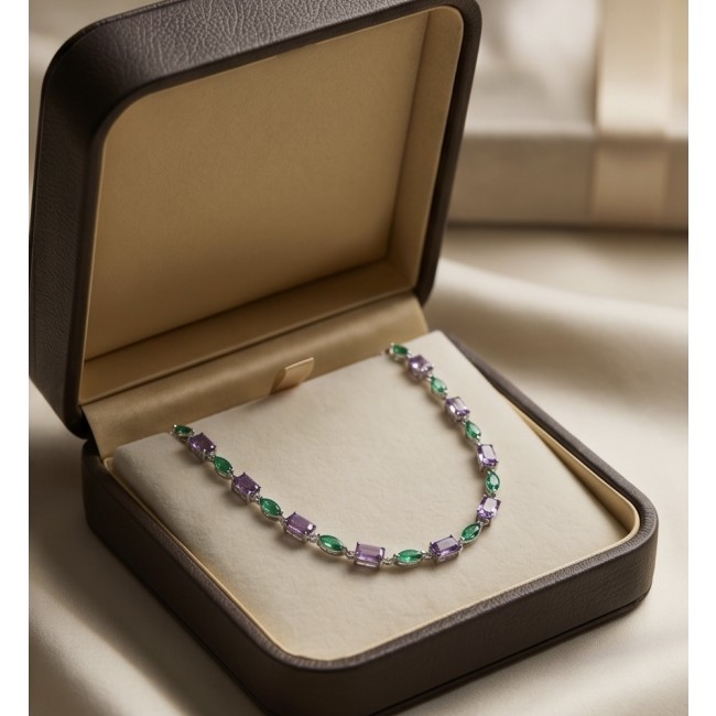 A Heritage in Bloom - Italy made 27.5 carat Amethyst Chrome Diopside .925 Sterling Silver handmade necklace - Amethyst Chrome necklace in open box, top angled view