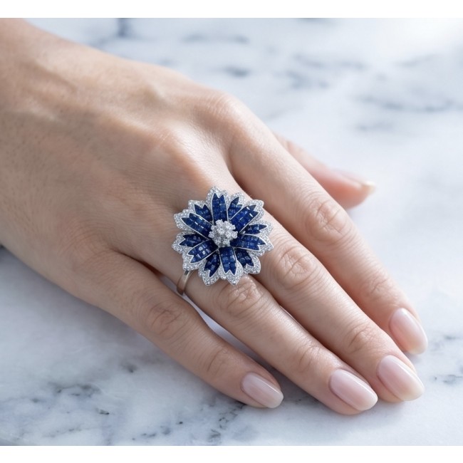Blue Flower 12.2 carat natural Sapphire .925 Sterling Silver Perfectly handcrafted Ring s. 7 1/4 - Worn on hand, Blue Flower Sapphire ring, sterling silver, top view.