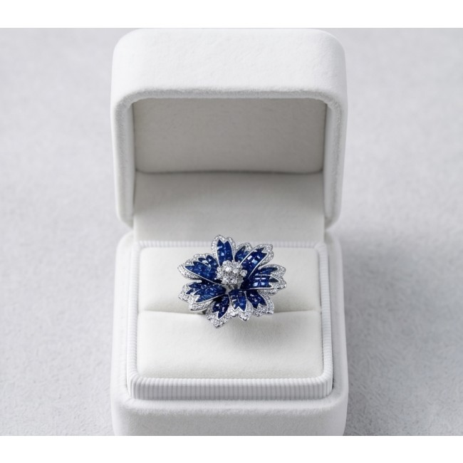 Blue Flower 12.2 carat natural Sapphire .925 Sterling Silver Perfectly handcrafted Ring s. 7 1/4 - Blue flower ring with sapphires in open jewelry box, top view.