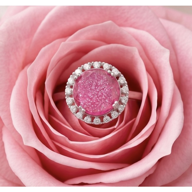 Emily 6.8 carat Brazilian Pink Tourmaline .925 Sterling Silver Handcrafted Statement Ring size 7 - Close-up of pink tourmaline ring on a pink rose background.