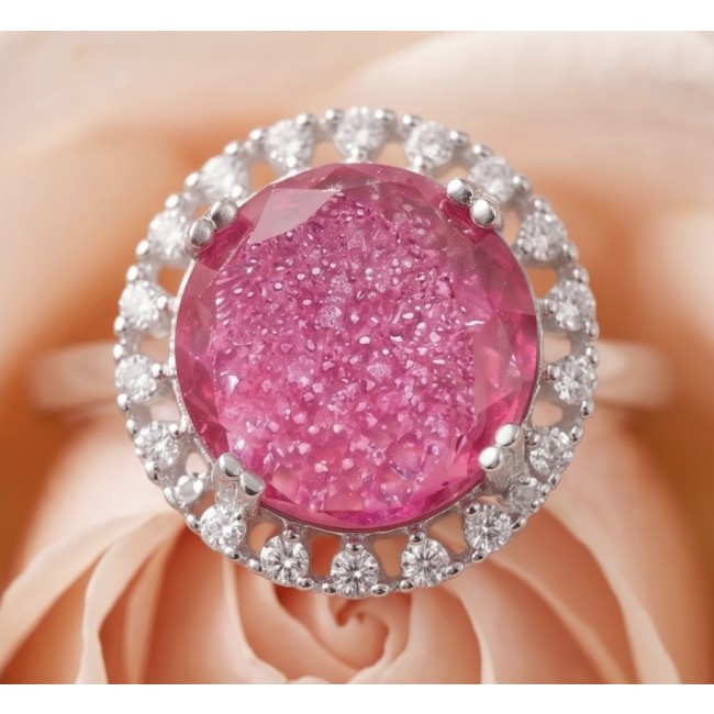 Emily 6.8 carat Brazilian Pink Tourmaline .925 Sterling Silver Handcrafted Statement Ring size 7 - Close-up of Emily 6.8 ct Brazilian Pink Tourmaline in sterling silver ring.