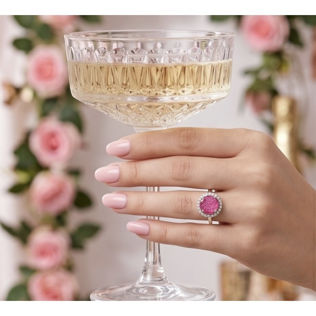 Emily 6.8 carat Brazilian Pink Tourmaline .925 Sterling Silver Handcrafted Statement Ring size 7 - Hand wearing Emily 6.8 carat pink tourmaline ring holding a glass