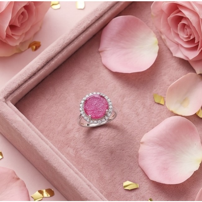 Emily 6.8 carat Brazilian Pink Tourmaline .925 Sterling Silver Handcrafted Statement Ring size 7 - Pink tourmaline ring in box, top view, surrounded by rose petals