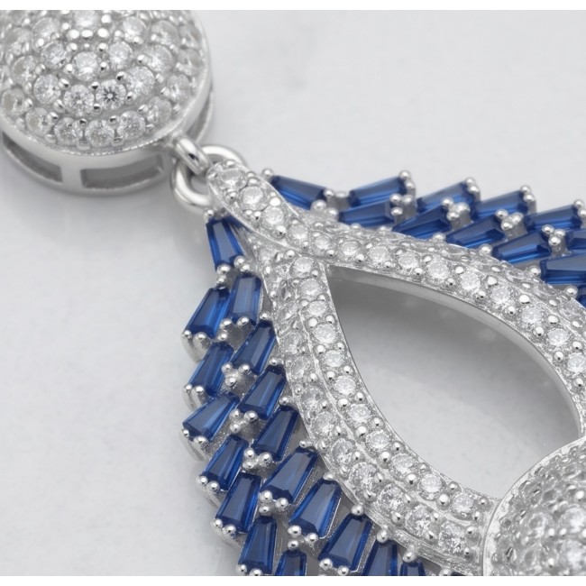 Heirloom Genuine 8.5 carat Sapphire .925 Sterling Silver dipped in rhodium handmade Pendant - Close-up of sapphire and diamond sterling silver jewelry detail