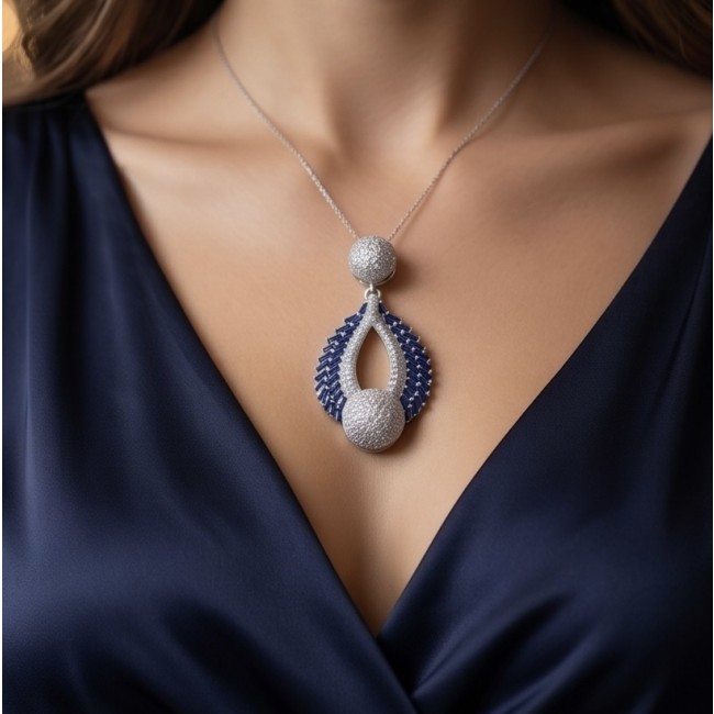 Heirloom Genuine 8.5 carat Sapphire .925 Sterling Silver dipped in rhodium handmade Pendant - Sapphire and silver necklace worn on neck, front view.