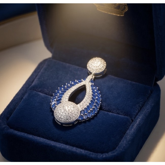 Heirloom Genuine 8.5 carat Sapphire .925 Sterling Silver dipped in rhodium handmade Pendant - Elegant pendant in blue velvet box, front view with diamonds and sapphires.