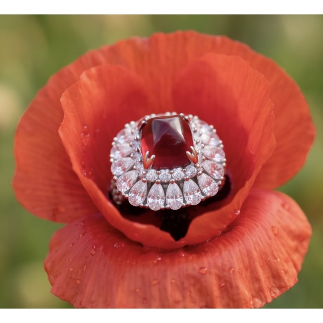 Bella Rossa Magnificent Jewel 6.4 carat Ruby .925 Sterling Silver handcrafted incredible ring s. 7 - Ruby ring on poppy flower, stone close-up with sterling details
