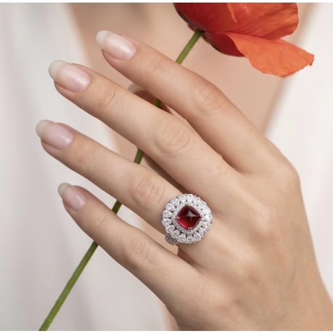 Bella Rossa Magnificent Jewel 6.4 carat Ruby .925 Sterling Silver handcrafted incredible ring s. 7 - Ring with 6.4 carat ruby worn on hand holding a poppy flower