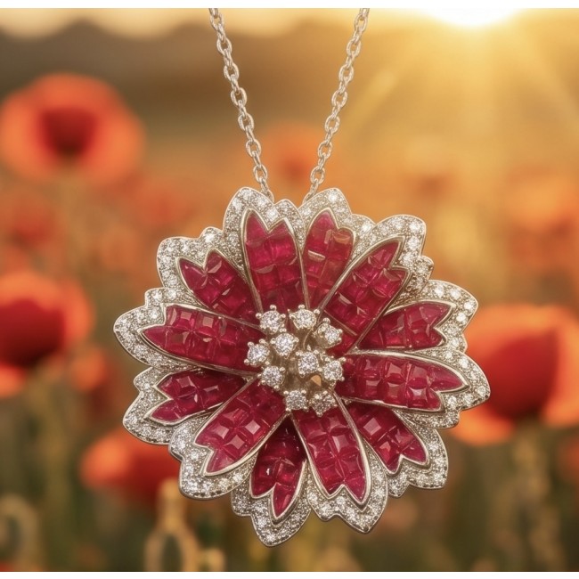 Borm to Glam Genuine mystery setting 8.5 carat Ruby .925 Sterling Silver handmade Pendant - Close-up of floral ruby pendant with diamond accents in a poppy field.