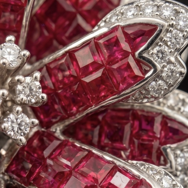 Borm to Glam Genuine mystery setting 8.5 carat Ruby .925 Sterling Silver handmade Pendant - Close-up of ruby and diamond design in mystery setting jewelry piece.