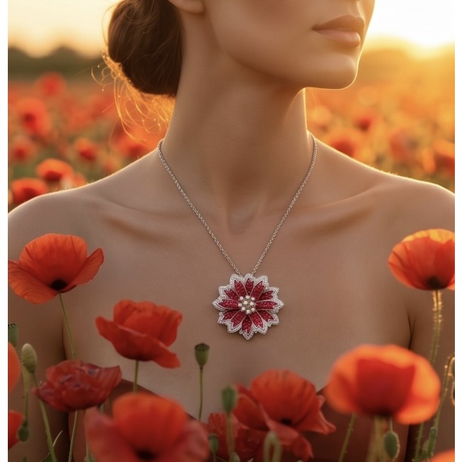 Borm to Glam Genuine mystery setting 8.5 carat Ruby .925 Sterling Silver handmade Pendant - Necklace with ruby floral pendant worn in poppy field at sunset