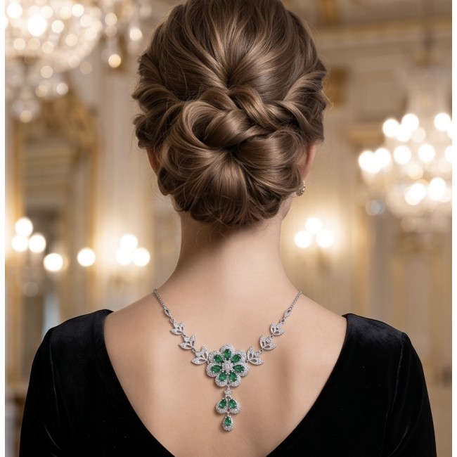 Giovanna - Authentic 10.9 carat Colombian Emerlad .925 Sterling Silver handcrafted Statement necklace - Back view of necklace worn, emerald and silver details visible.
