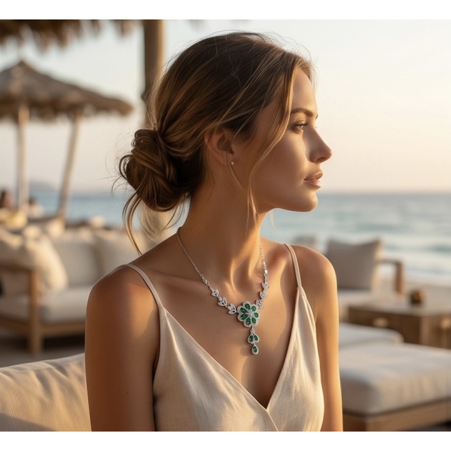 Giovanna - Authentic 10.9 carat Colombian Emerlad .925 Sterling Silver handcrafted Statement necklace - Side view of woman wearing Giovanna Colombian Emerald necklace