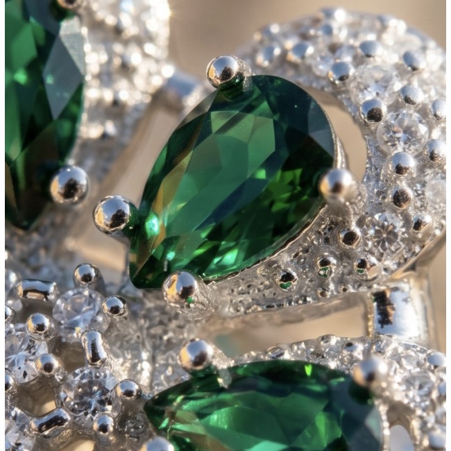 Giovanna - Authentic 10.9 carat Colombian Emerlad .925 Sterling Silver Silver dipped in Rhodium handcrafted Ring size 8 - Close-up of Colombian emerald with diamond accents on .925 sterling silver.