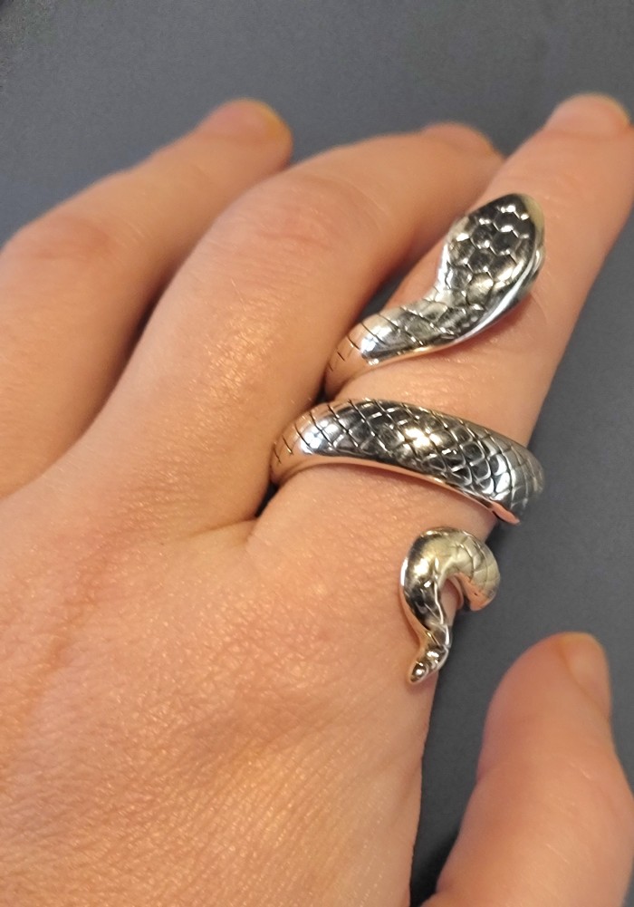 Large Boa Snake .925 Sterling Silver handcrafted Statement SPINAL Ring size 6 - Snake ring worn on hand, detailed view of coiled design