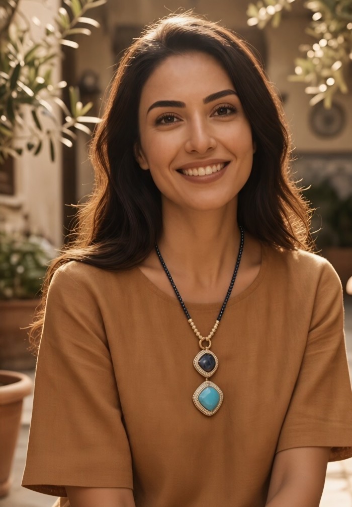 DESTINY Authentic TURQUOISE SODALITE .925 Sterling Silver dipped in 14K Gold handcrafted necklace - Woman wearing DESTINY Authentic Turquoise Sodalite necklace outdoors.