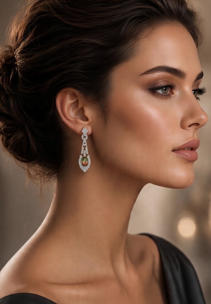 Luxurious 5.5 carat Brazilian Watermelon Tourmaline .925 Sterling Silver Handcrafted Earrings - Side view of luxurious Brazilian Watermelon Tourmaline .925 St earrings