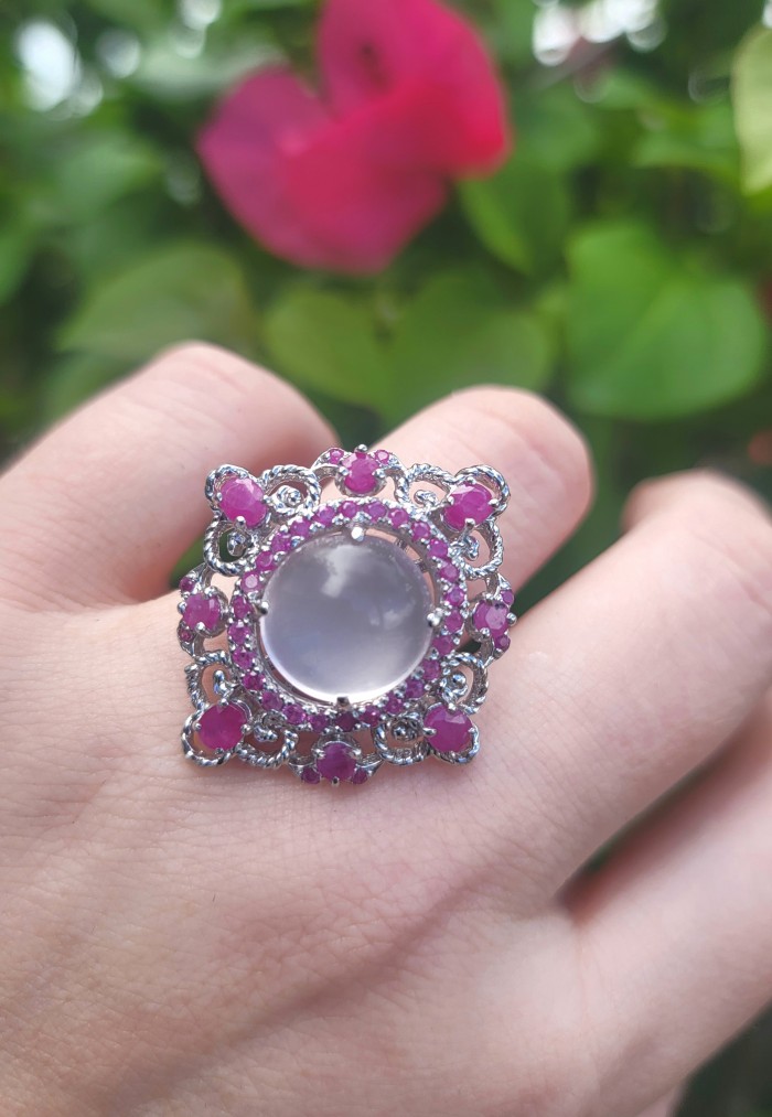 Pink Majesty Authentic 9.5 carat Brazilian Rose Quartz Ruby .925 Sterling Silver incredible Ring size 8 - photo 1