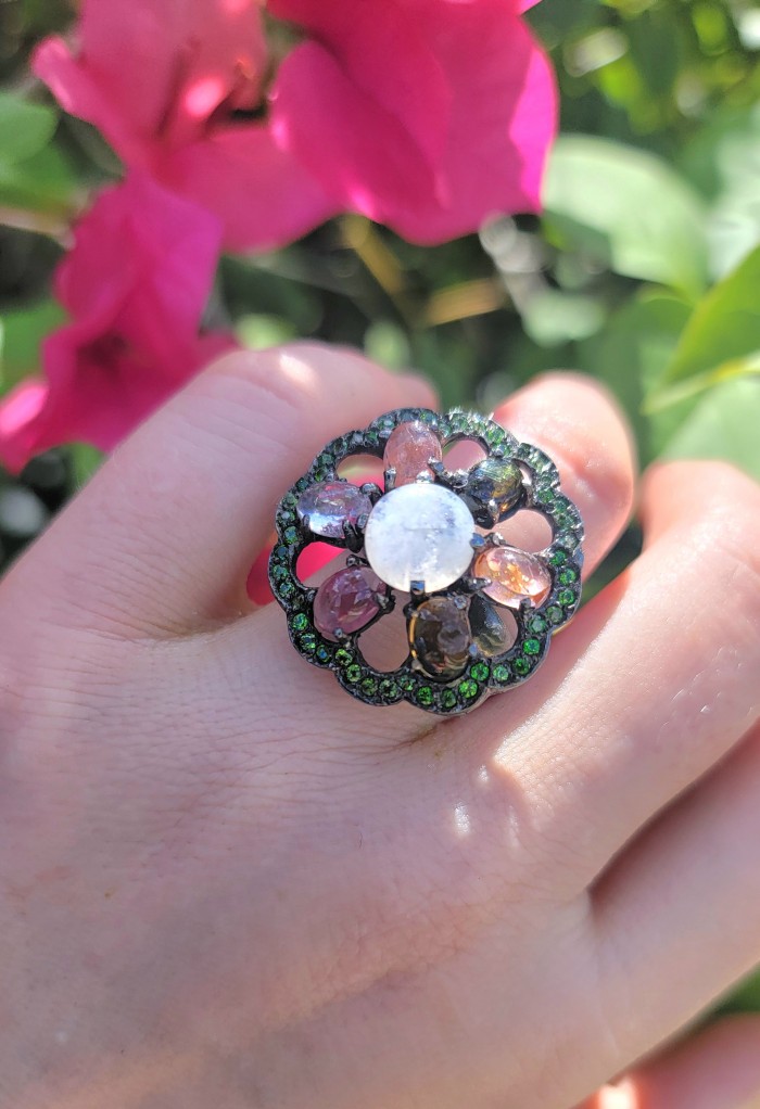 5.8 carat Rainbow Moonstone black rhodium over .925 Sterling Silver handmade Statement Ring size 8 1/2 - photo 1