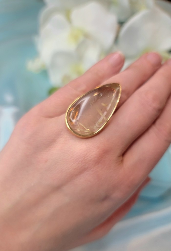 Vintage Design 28.2 carat Himalayan Golden Rutilated Quartz 14K Gold over .925 Sterling Silver handcrafted Ring Size 6 1/2 - Close-up of vintage golden rutilated quartz ring worn on hand.