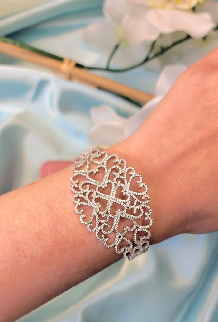 A Million Stars 28.8 carat White Sapphire .925 Sterling Silver Statement Bracelet / Cuff - Worn on wrist, intricate heart design, white sapphire bracelet.