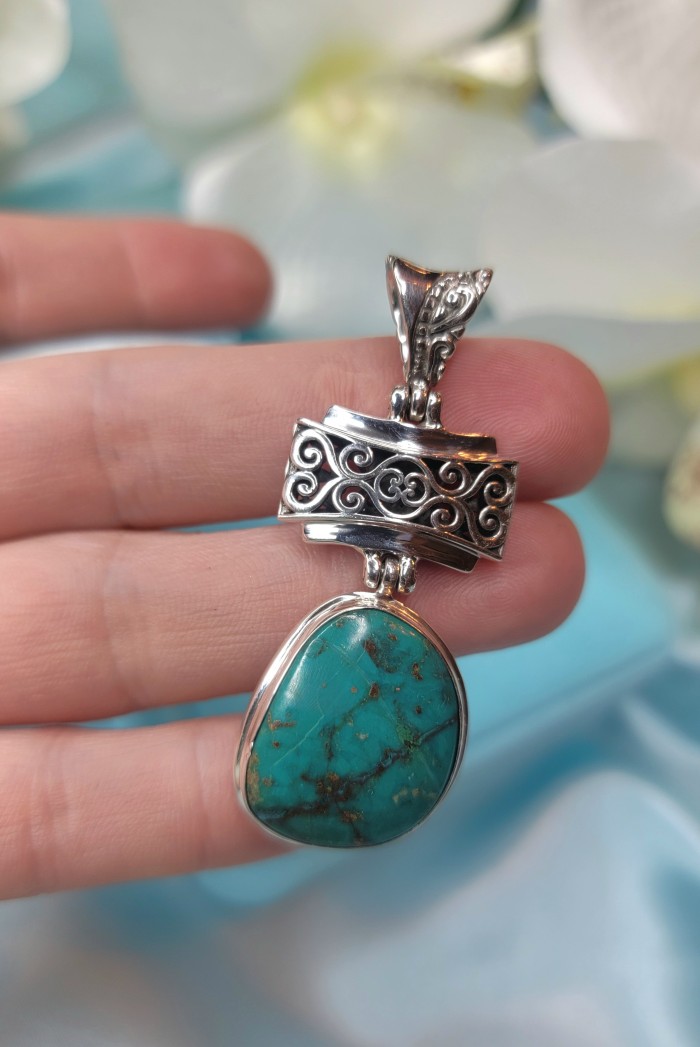One of a kind Precious Turquoise from Arizona .925 Sterling Silver handmade pendant - photo 1