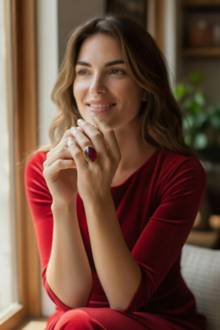 Bella Rosa Genuine 24.8 CARAT Star Ruby 18k GOLD OVER .925 Sterling Silver Large Statement Ring size 9 - Woman wearing Bella Rosa Star Ruby ring, close-up of hand and ring.