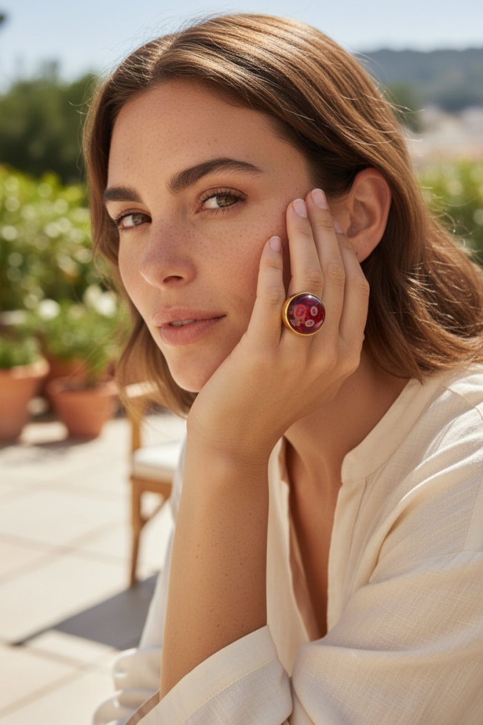 Bella Rosa Genuine 12.8 CARAT Star Ruby 18k GOLD OVER .925 Sterling Silver Statement Ring size 8 - Woman wearing Bella Rosa 12.8 carat star ruby ring, outdoor setting.