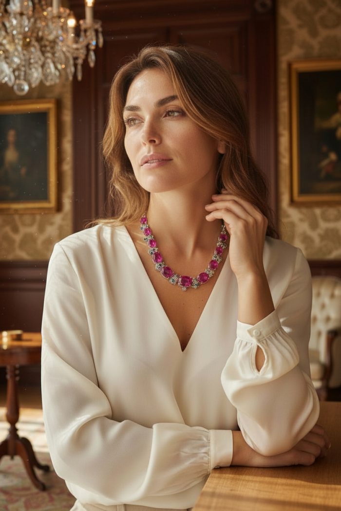 Tiffany - Magnificent 183.5 carat Pink Sapphire .925 Sterling Silver handcrafted Large Statement necklace - Model wearing Tiffany pink sapphire necklace, front view.