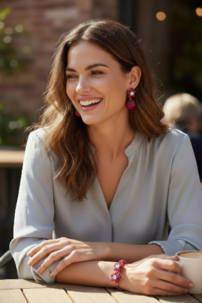 Giovanna - Authentic mystery setting 45.9 carat Ruby .925 Sterling Silver handcrafted earrings - Woman wearing Giovanna ruby jewelry, side view.