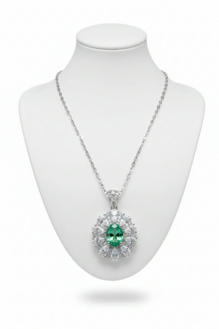 Wonderland 3.8 carat Apatite .925 Sterling Silver Handcrafted Statement necklace - Necklace on display bust, featuring 3.8 carat apatite stone and silver setting.