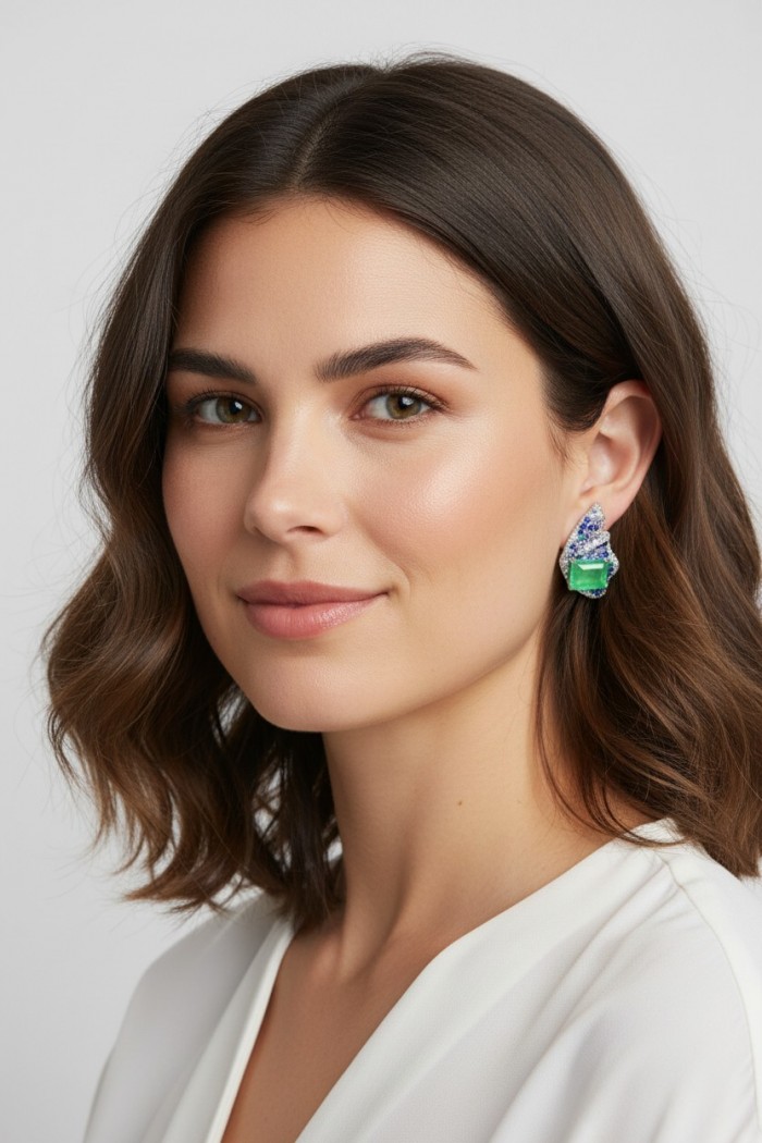 Valentina 12.2 carat Colombian Emerald .925 Sterling Silver dipped in rhodium Statement handcrafted earrings - Woman wearing Valentina Emerald earrings, side view showing design details.