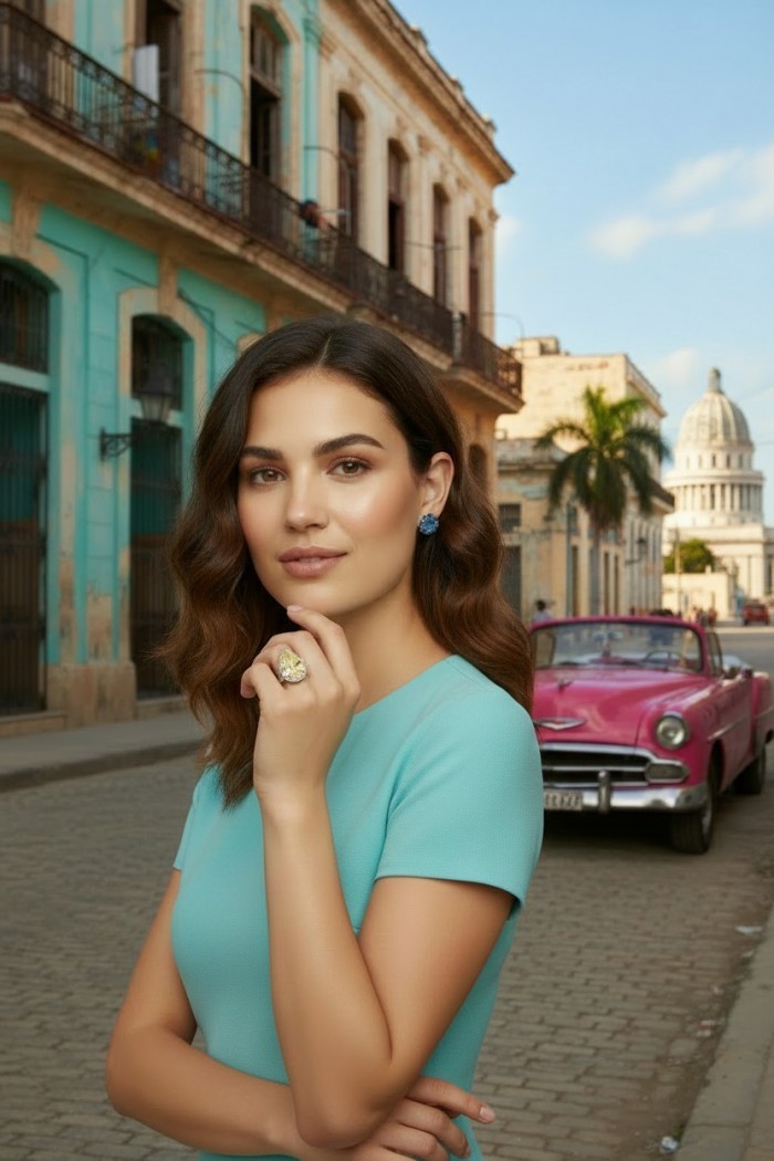 Vivien - Natural 19. 2 carat Citrine .925 Sterling Silver dipped rhodium handcrafted Statement ring; s. 7 1/4 - Woman wearing Vivien Citrine ring on hand, cityscape background