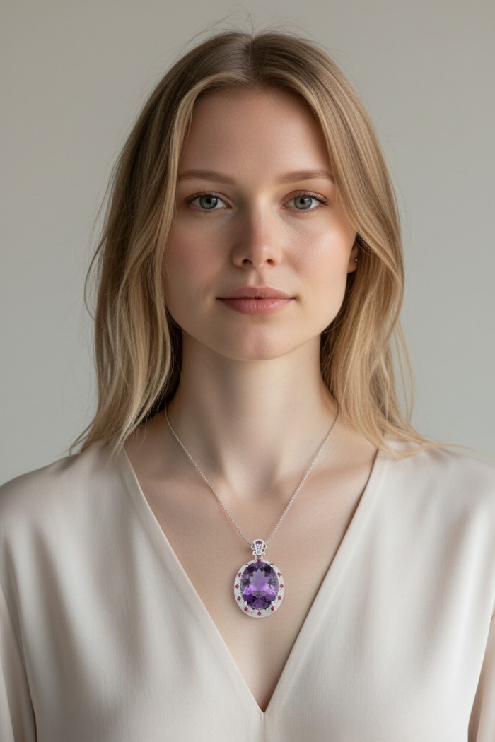 Divine Protection 22.8 carat Precious Amethyst .925 Sterling Silver dipped in rhodium handcarfted Pendant - Worn pendant with large amethyst necklace on model's neck