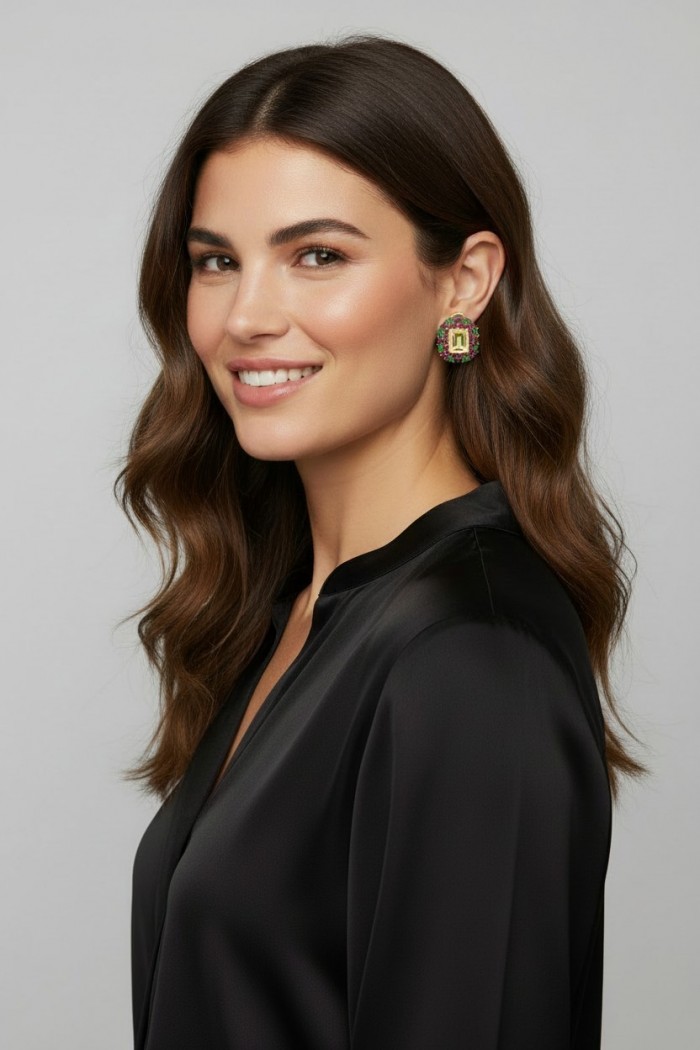 Esperanza - Luxurious 10.2 Brazilian Citrine Emerald 18K Gold over .925 Sterling Silver handmade Earrings - Woman wearing Esperanza earrings, side view