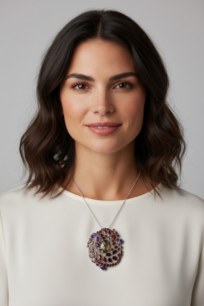 Mademoiselle - Vintage Design 32.4 CARAT Smoky Topaz Brazilian Granet rhodium over .925 Sterling Silver handcrafted Pendant & Brooch - Woman wearing Mademoiselle vintage necklace with smoky topaz stone.