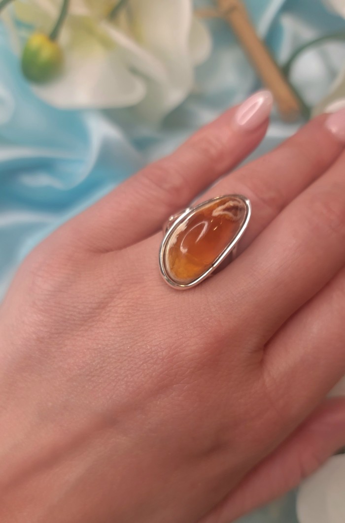 Inner Fire best quality 21.4 carat Mexican Opal 18K Gold over .925 Sterling Silver handmade ring 9 - Mexican Opal ring in 18K gold worn on hand, side view.