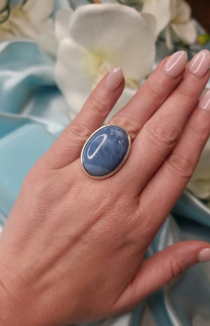 Peace 25.9 carat authentic Aquamarine .925 Sterling Silver Handcrafted Ring size 8 adjustable - Aquamarine sterling silver ring worn on hand, close-up view.