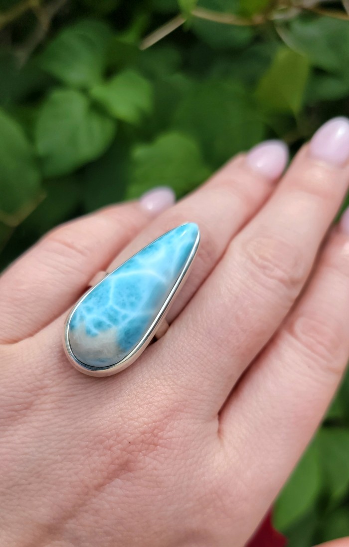 Blue Dreamer authentic Larimar .925 Sterling Silver handmade Large Solid ring size 7 adjustable - Larimar teardrop ring in silver, worn on hand, close-up view.