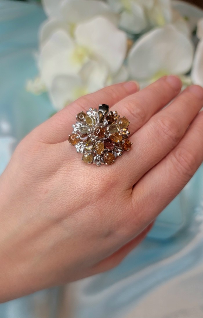 Luxurious 30.5 ctw Brazilian Watermelon Tourmaline .925 Sterling Silver handcrafted Statement Ring size 8 - Worn on hand, intricate 30.5 ctw Brazilian Watermelon Tourmaline ring