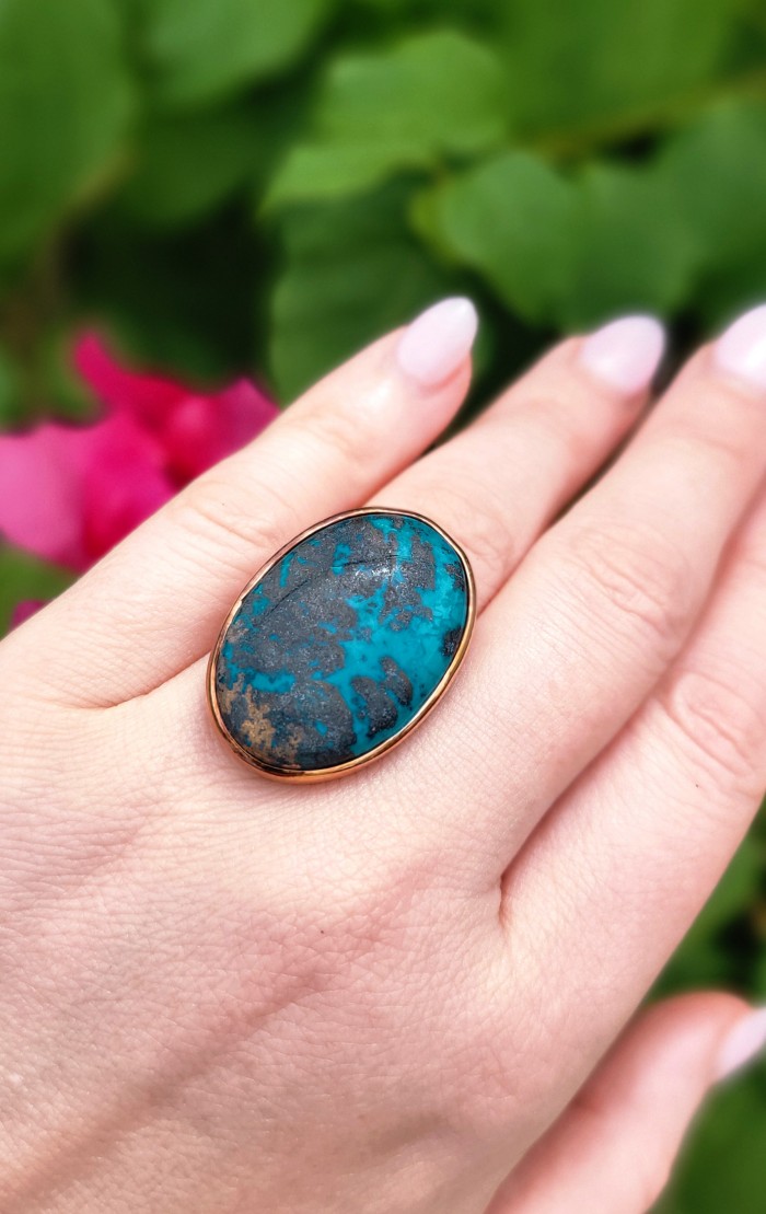 Authentic Parrot's Wing Chrysocolla 18K Gold over .925 Sterling Silver handcrafted ring size 8 adjustable - Parrot's Wing Chrysocolla ring worn on hand, 18K Gold over .925 Sterling.