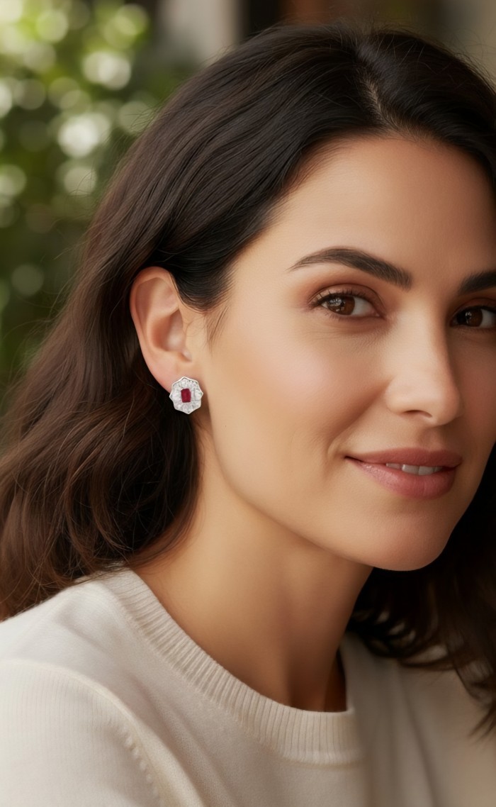 Art deco - Natural 0.7 carat Mozambique Ruby .925 Sterling Silver Handcrafted Earrings - Woman wearing art deco Mozambique ruby earrings, side view.