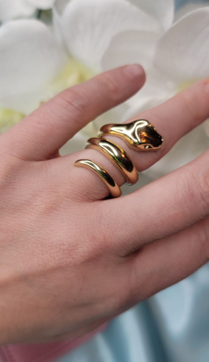 Large Golden Boa Snake 18K Gold over .925 Sterling Silver handcrafted Statement SPINAL Ring size 6 3/4 - Golden boa snake ring in 18K gold over silver, worn on hand.